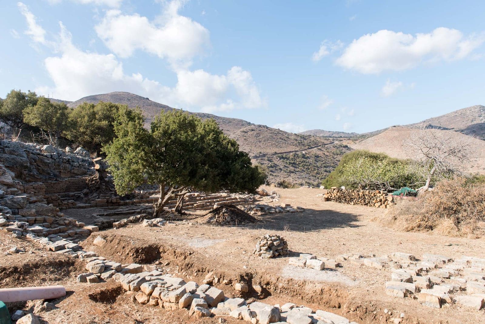 Ανασκαμμένοι πέτρινοι τοίχοι και σκαλοπάτια στον αρχαιολογικό χώρο της αρχαίας Δρήρου, με ένα δέντρο στο κέντρο και γυμνούς λόφους στο βάθος